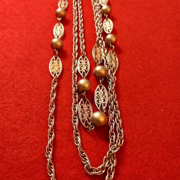 Gold Tone Three Strand Beaded and Oval Disc Necklace Granny Chic - Picture 5 of 5